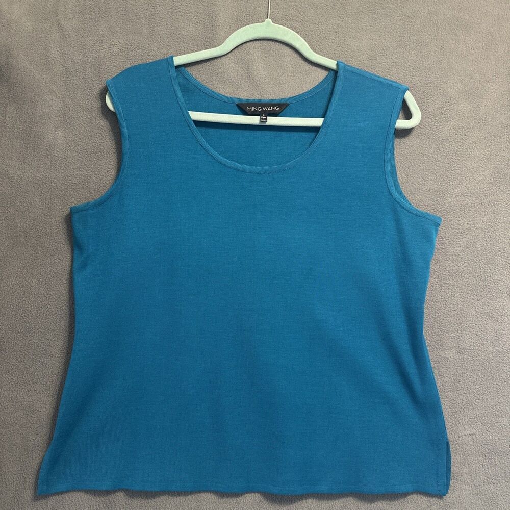 Ming Wang Knit Tank Shell Womens Size L Teal Blue Career Office Mature Stretch